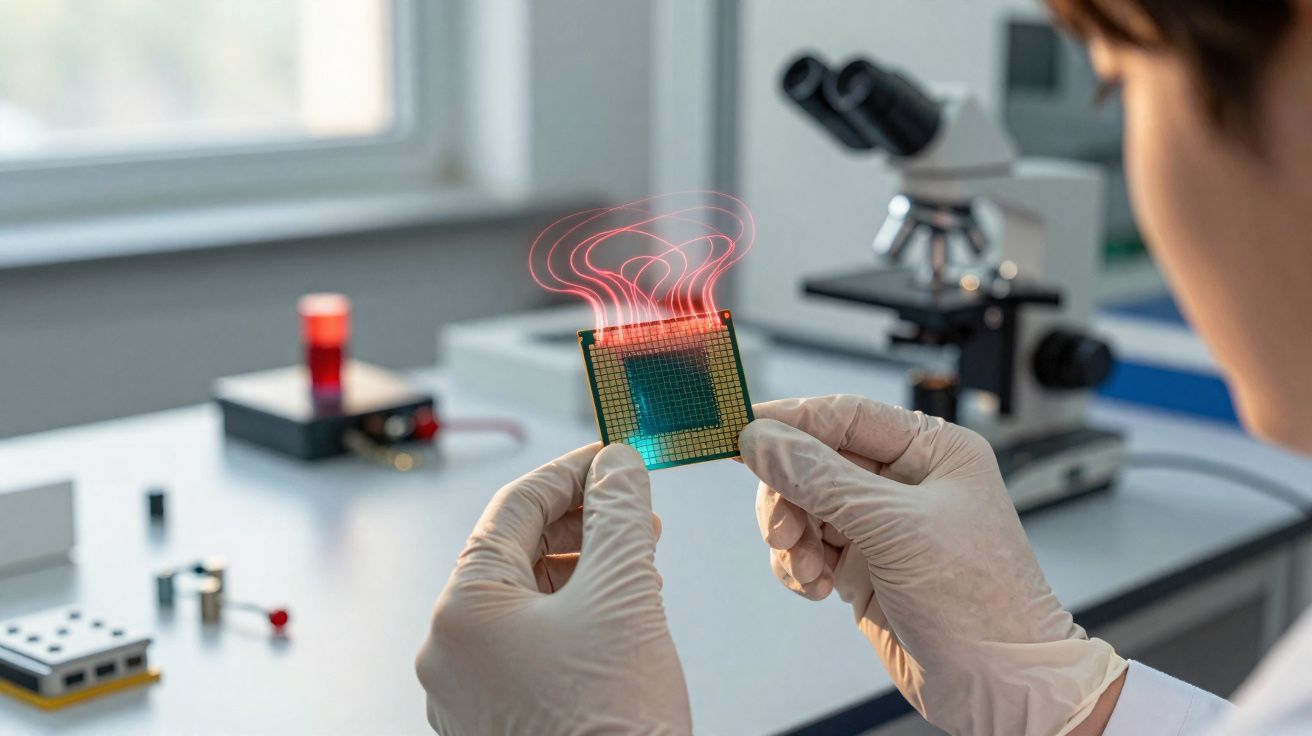 Mãos com luvas a segurar um chip quente com linhas vermelhas simulando calor num laboratório.