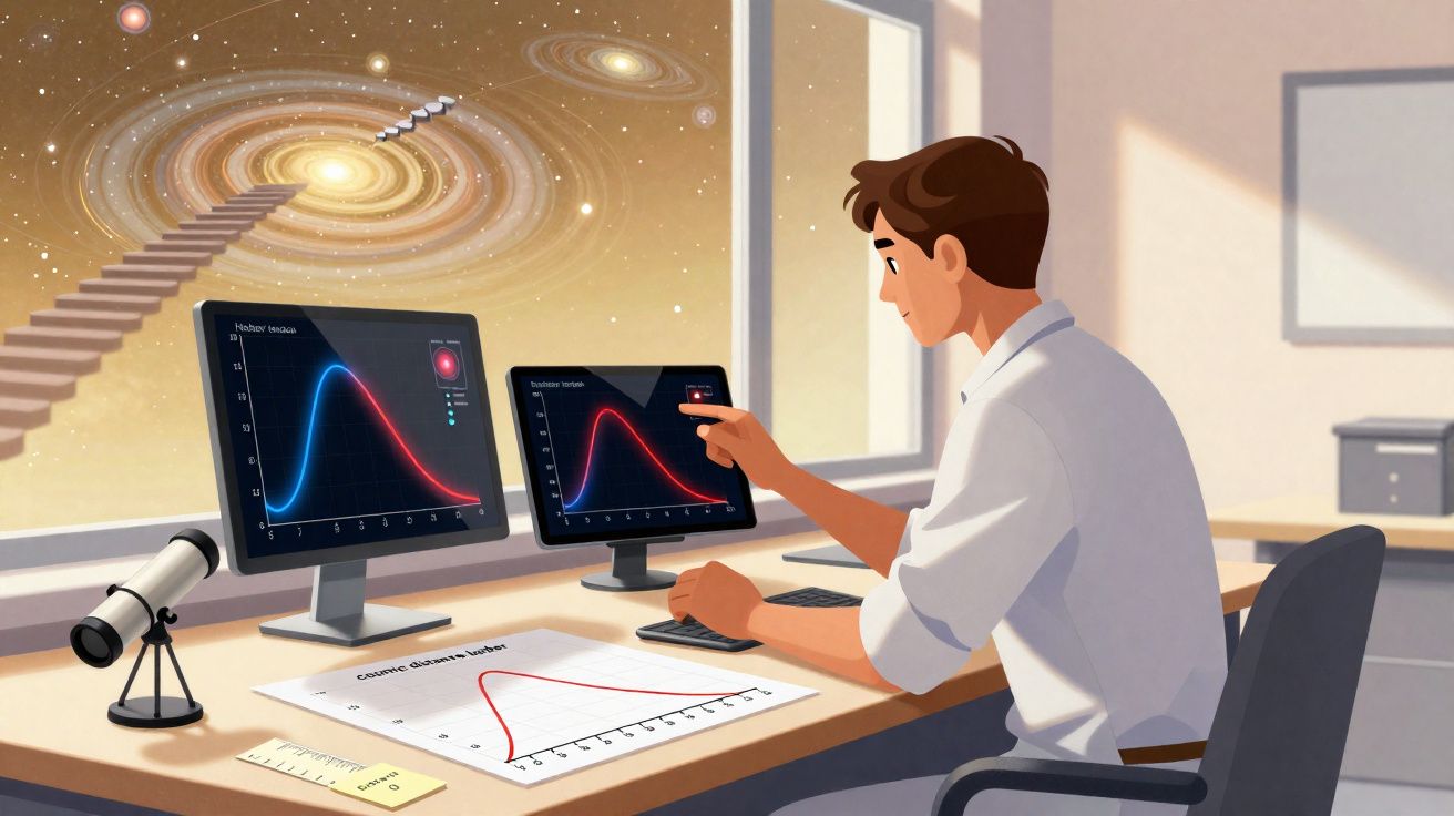 Homem sentado a analisar gráficos em ecrãs e papel com universo e escada para planetas ao fundo.