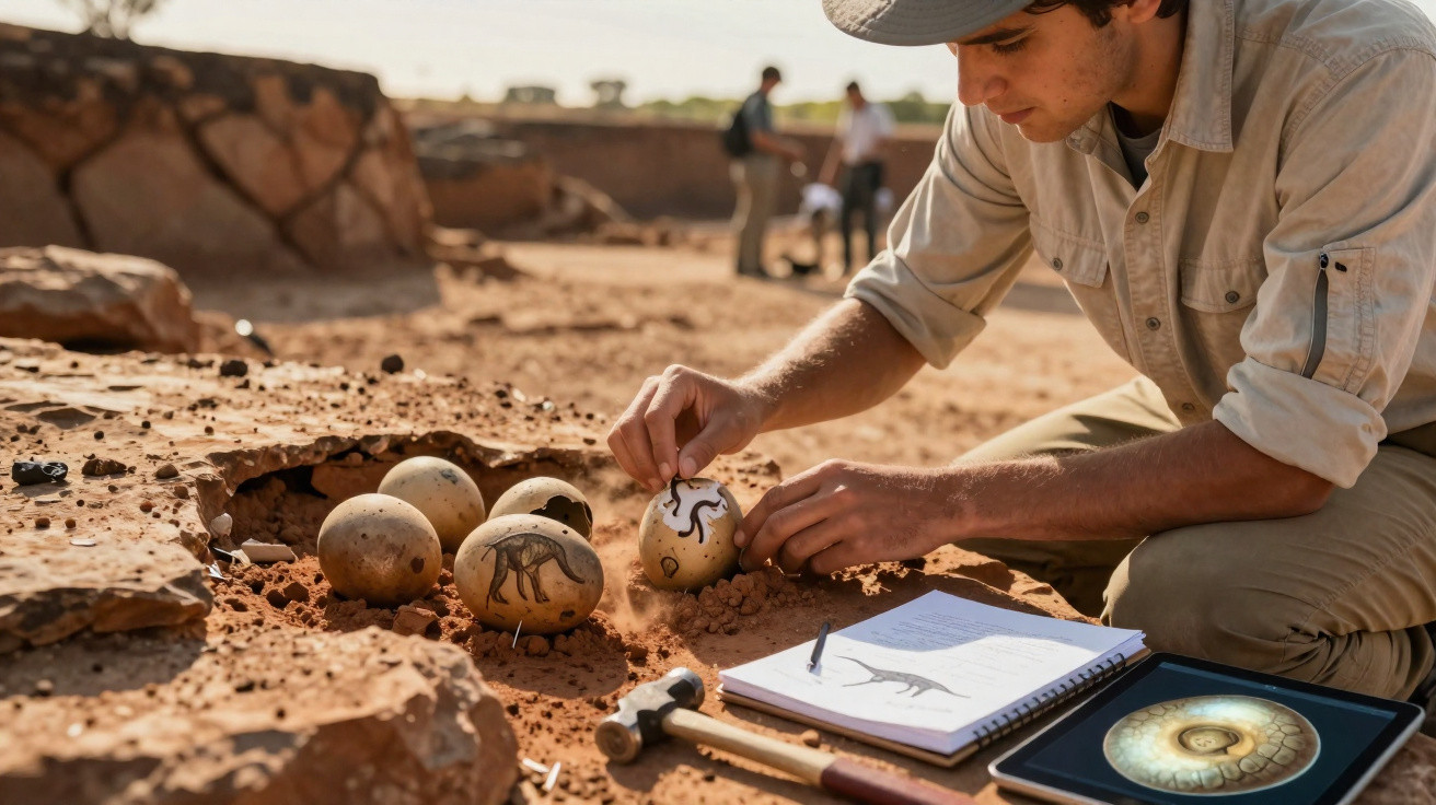 Homem a escavar e desenhar fósseis em ovos de dinossauro num sítio arqueológico ao ar livre.