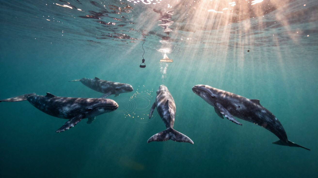 Quatro baleias submersas perto da superfície da água, com raios de sol a iluminar o oceano.