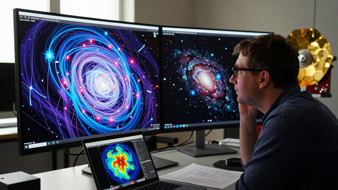 Homem a estudar imagens digitais de galáxias em três ecrãs num ambiente de trabalho moderno.