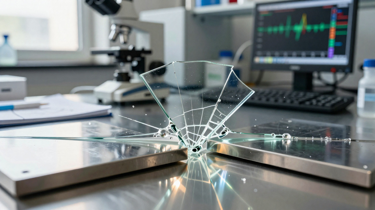 Vidro partido em laboratório com microscópio e ecrã de computador ao fundo.