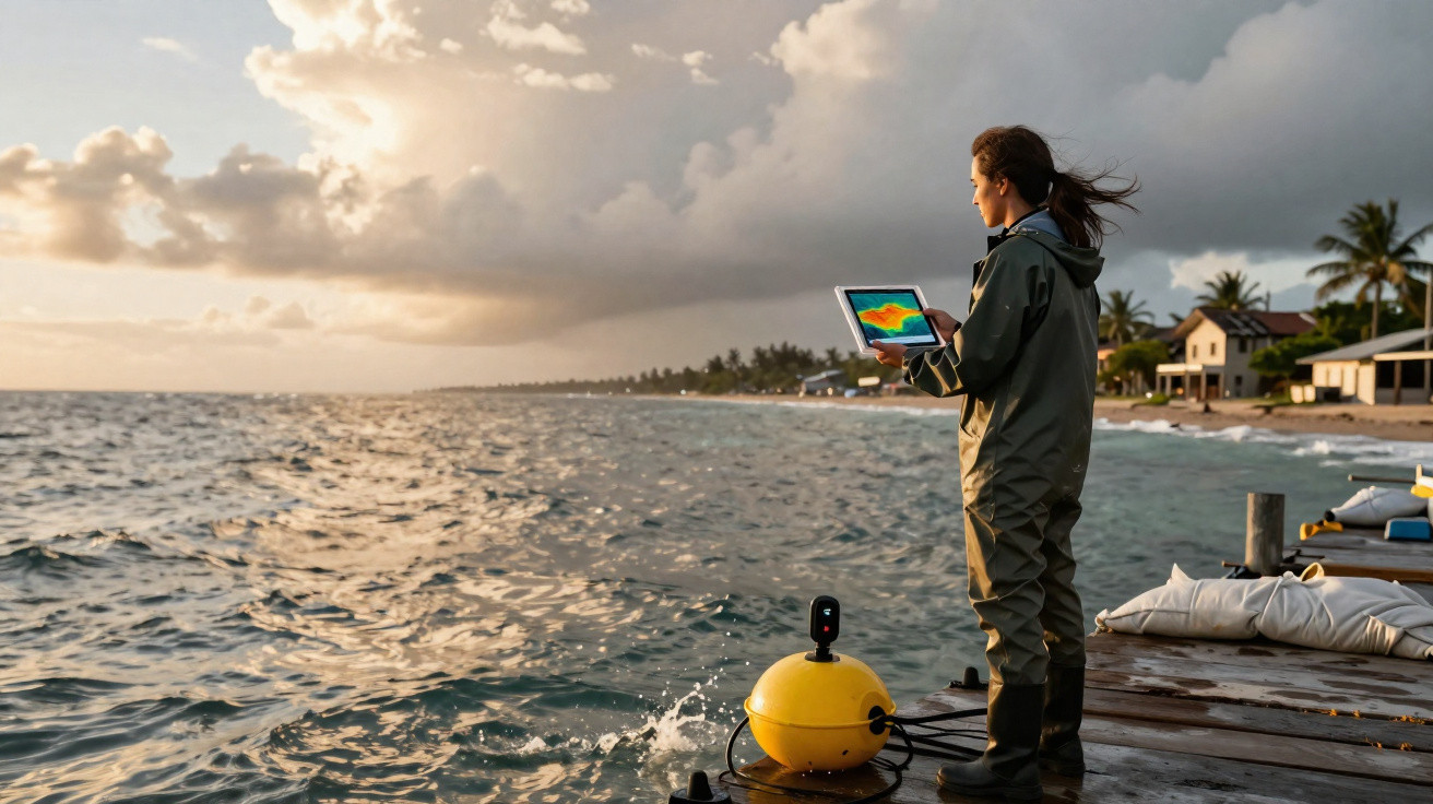 Pessoa com fato impermeável a segurar tablet junto ao mar num cais com céu nublado ao pôr do sol.