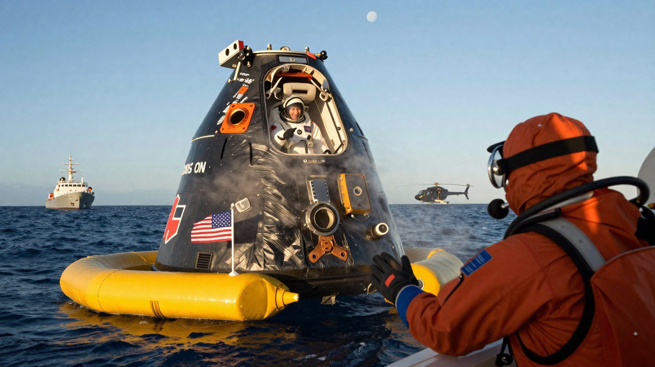 Astronauta na cápsula espacial a flutuar no mar, com equipa de resgate e helicóptero ao fundo.