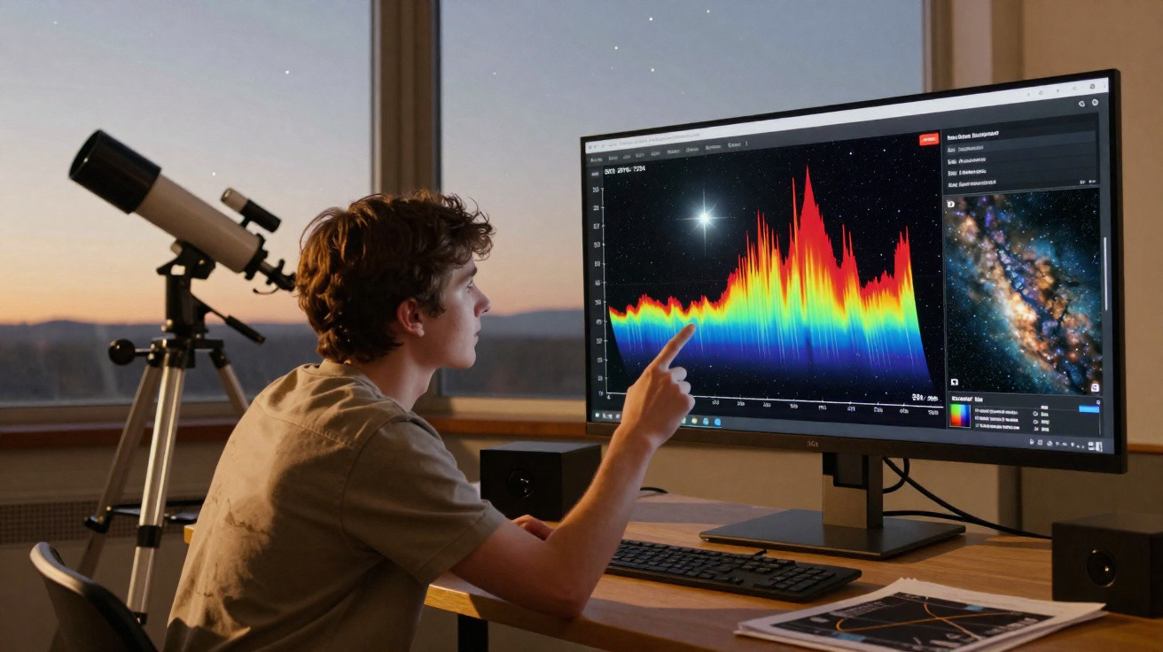 Jovem observa gráfico colorido e imagem de galáxia num ecrã grande, com telescópio ao fundo no pôr do sol.