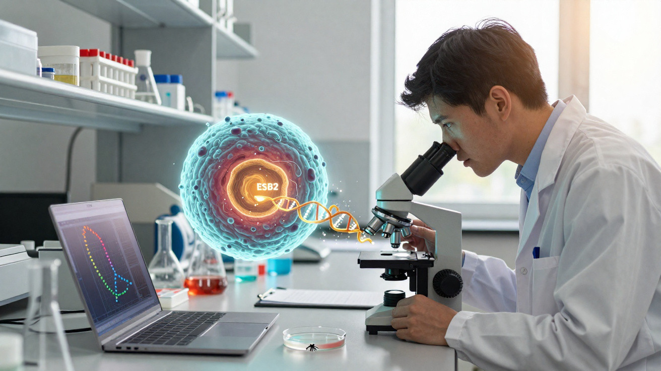 Cientista em laboratório observa amostra ao microscópio com modelo digital de célula e molécula de DNA ao lado.