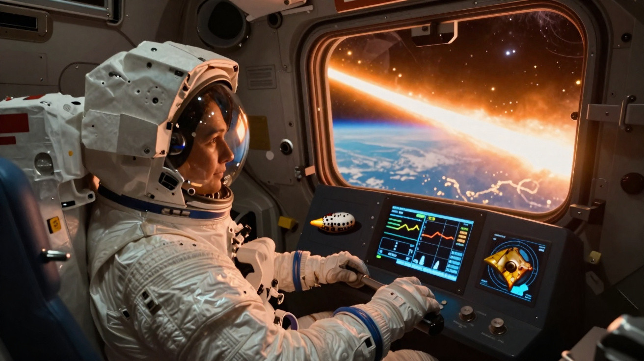 Astronauta em fato espacial sentado no cockpit de uma nave olhando para a Terra e um meteoro pela janela.
