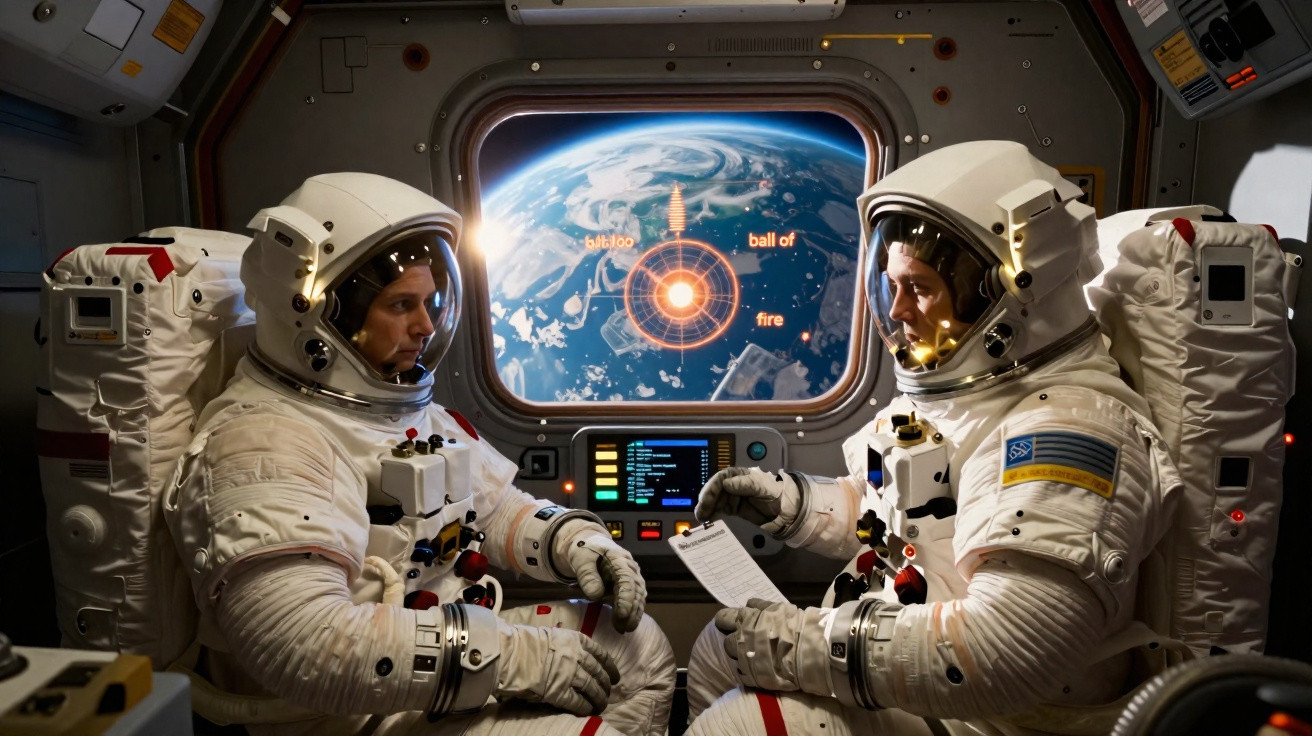 Dois astronautas em trajes espaciais dentro de uma nave espacial com vista para a Terra pela janela.