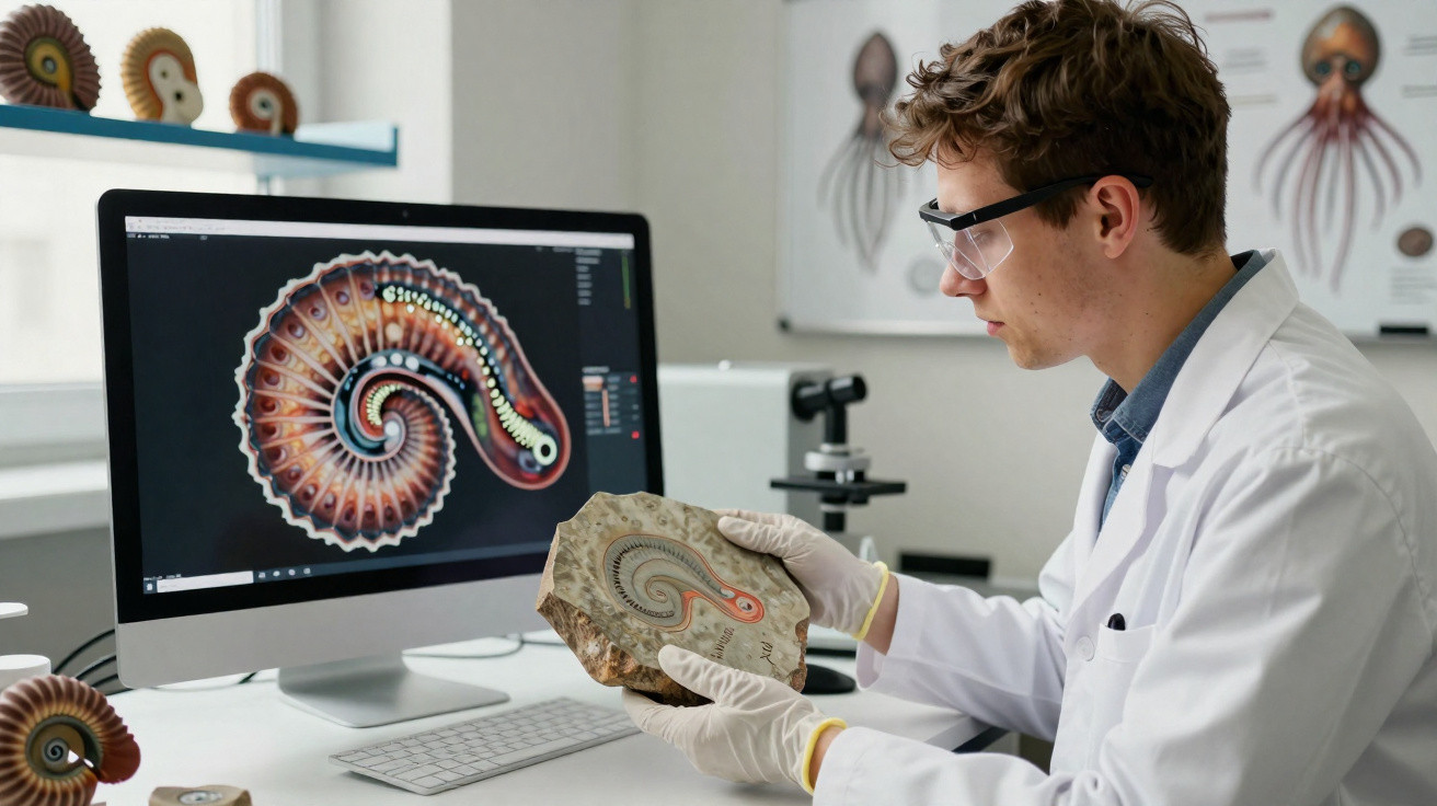 Cientista em laboratório analisa fóssil de ammonite com imagem detalhada no ecrã do computador.