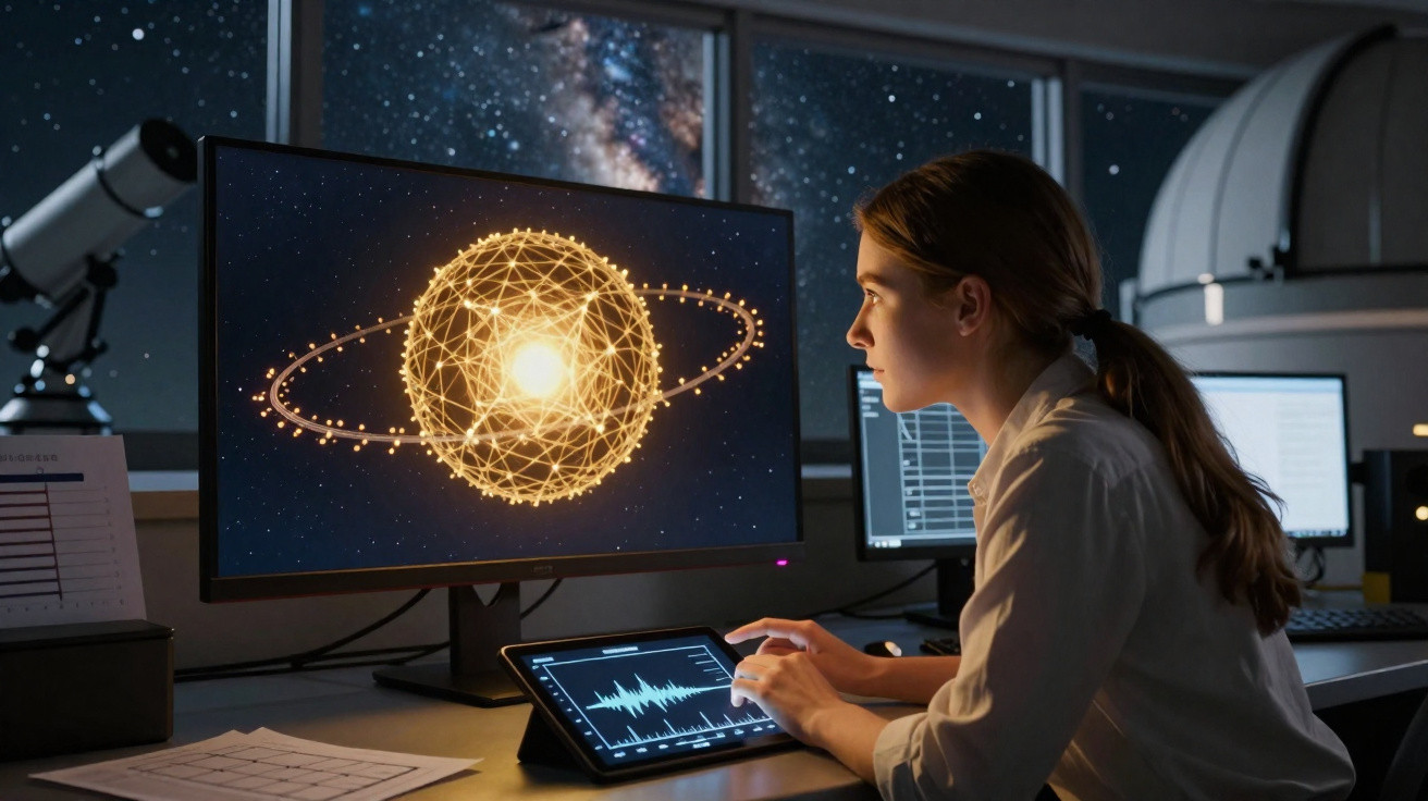 Mulher a trabalhar num laboratório com ecrã a mostrar modelo digital de átomo iluminado.