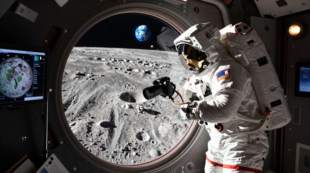 Astronauta com fato espacial segurando uma câmara, em frente a janela mostrando a superfície lunar e a Terra ao fundo.