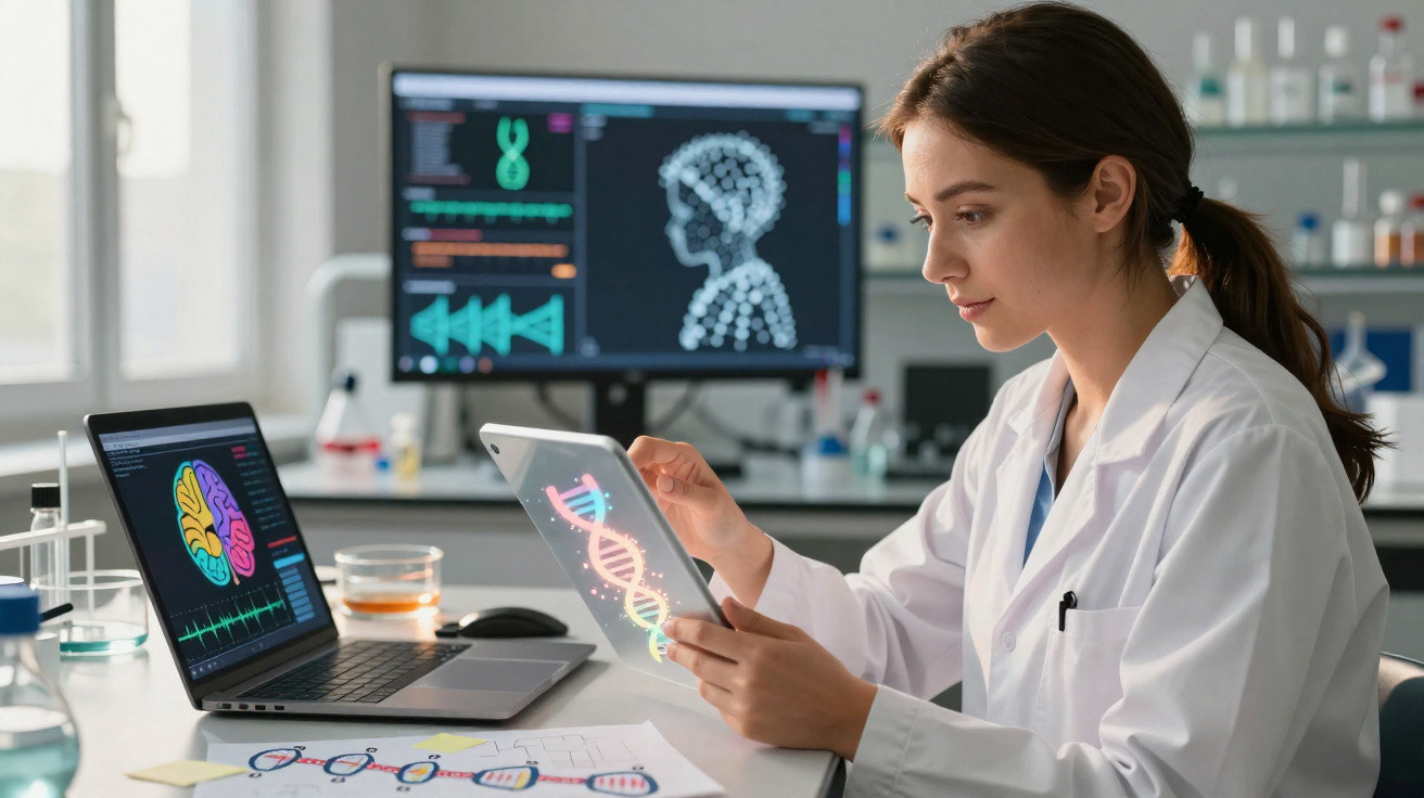 Cientista a analisar dados genéticos em tablet com imagens de DNA e cérebro em ecrãs no laboratório.