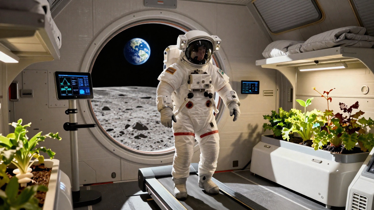 Astronauta em terno espacial corre numa passadeira dentro de módulo lunar com plantas e a Terra visível pela janela.