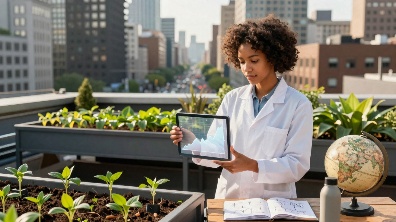 Mulher cientista com bata branca analisa gráfico em tablet num jardim urbano com plantas e globo terrestre.