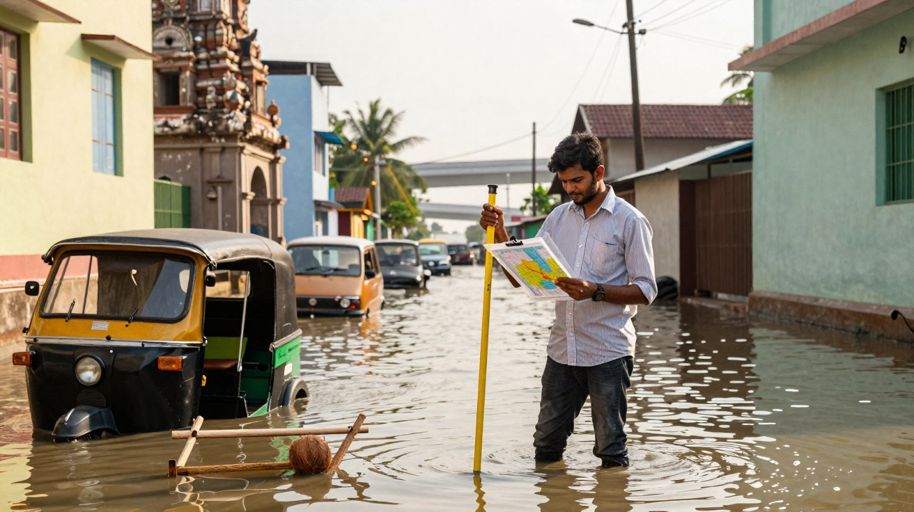 Homem com prumo verifica mapa em rua inundada com veículos parcialmente submersos e casas ao fundo.