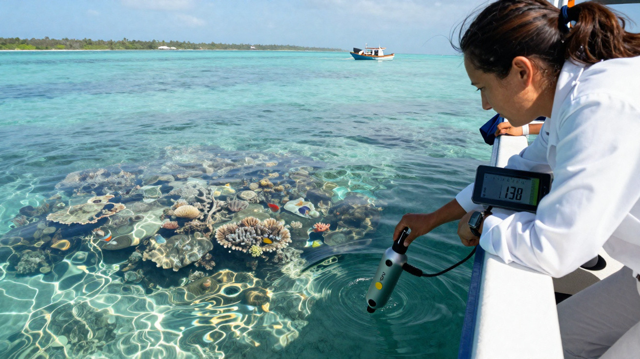 Mulher em barco a medir a temperatura da água acima de recife de coral em mar tranquilo e claro.