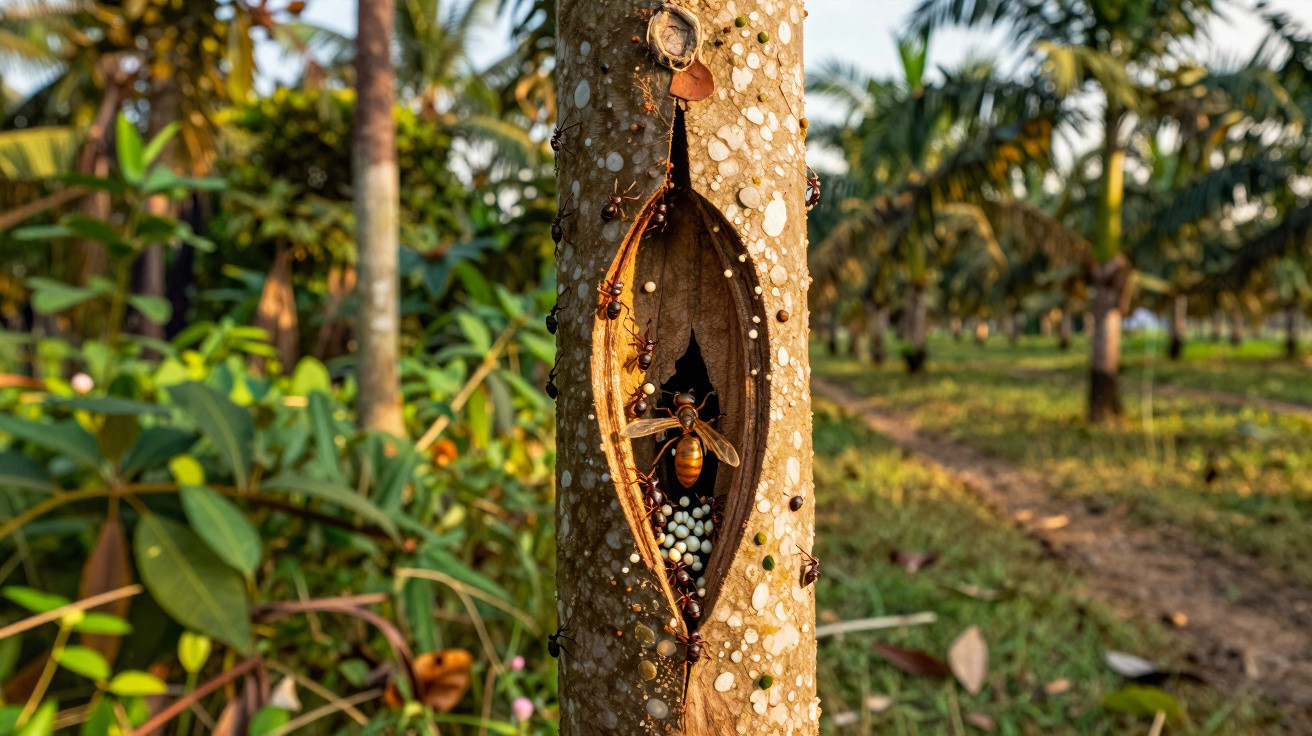 Tronco de árvore oco com vespas e ovos visíveis, rodeado por vegetação e árvores ao fundo.