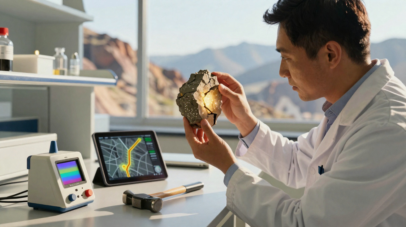 Cientista em laboratório examina fragmento rochoso iluminado, com equipamentos e tablet ao fundo.