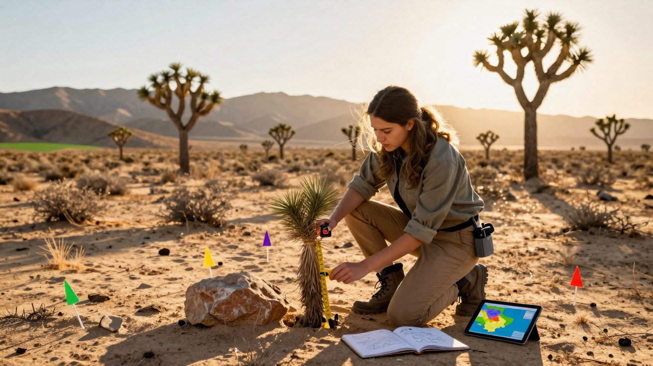 Jovem cientista mede planta do deserto rodeada por bandeiras coloridas, com caderno e tablet no chão.