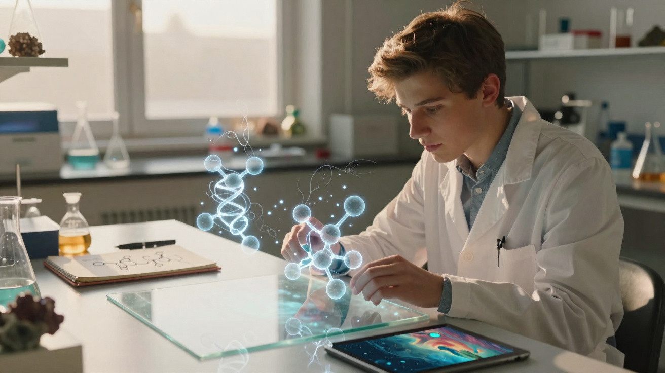 Jovem cientista em laboratório interage com moléculas holográficas enquanto estuda experimentos científicos.
