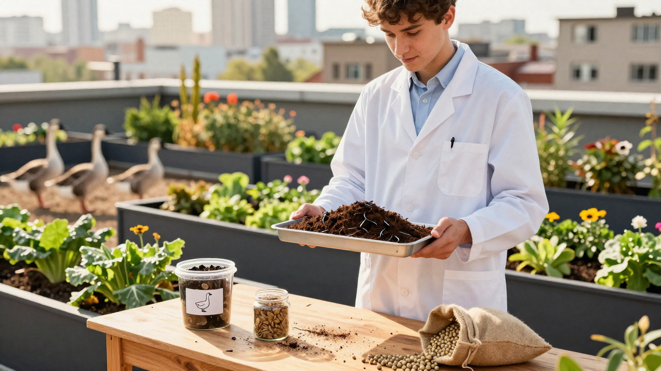 Jovem cientista segura bandeja com composto em área de cultivo urbano com plantas e aves ao fundo.