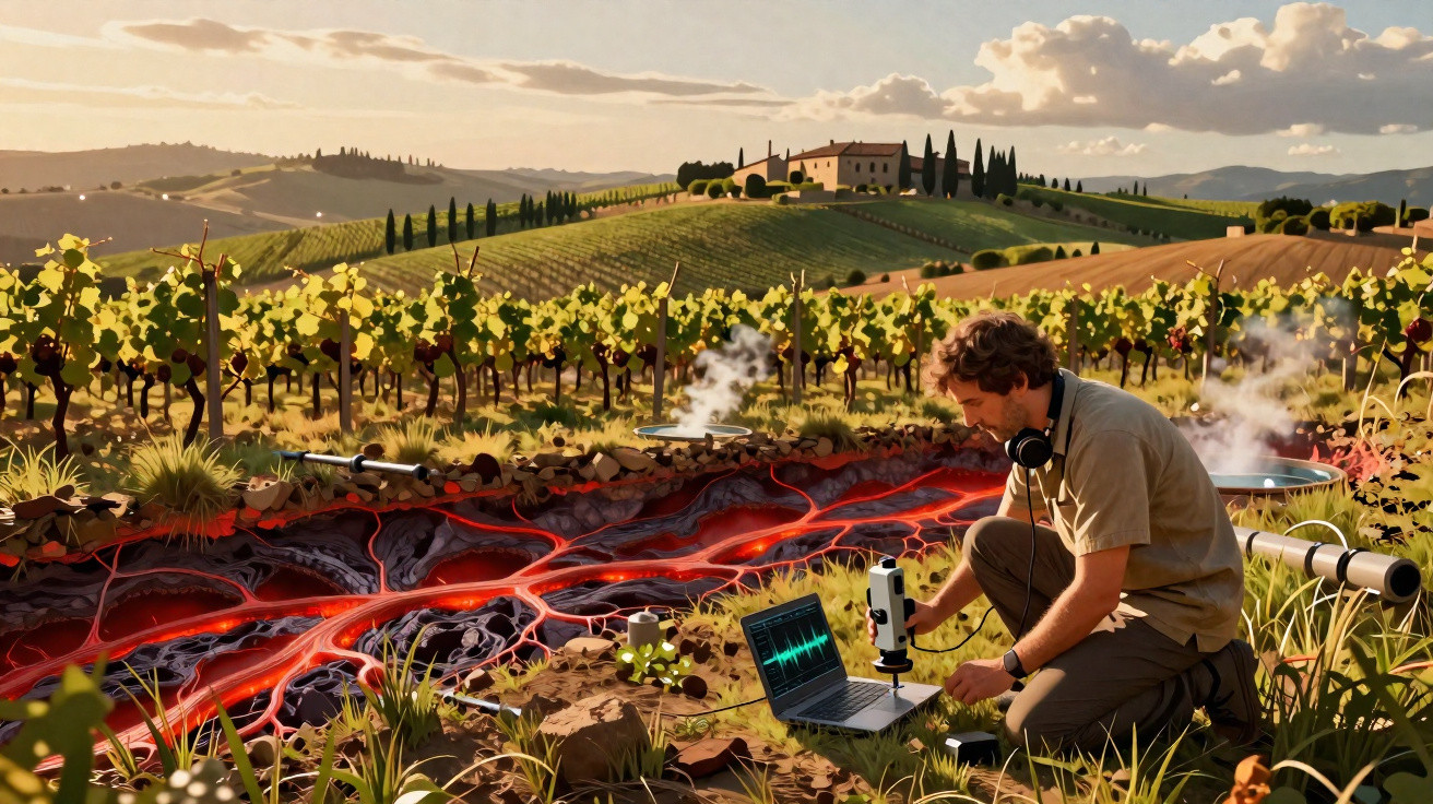 Homem com fones de ouvido usa microfone e laptop junto a vinhas, observando fluxo de lava subterrânea em paisagem rural.