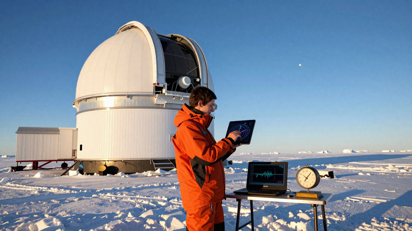 Homem com equipamento de inverno junto a telescópio e computador num cenário gelado e nevado ao pôr do sol.