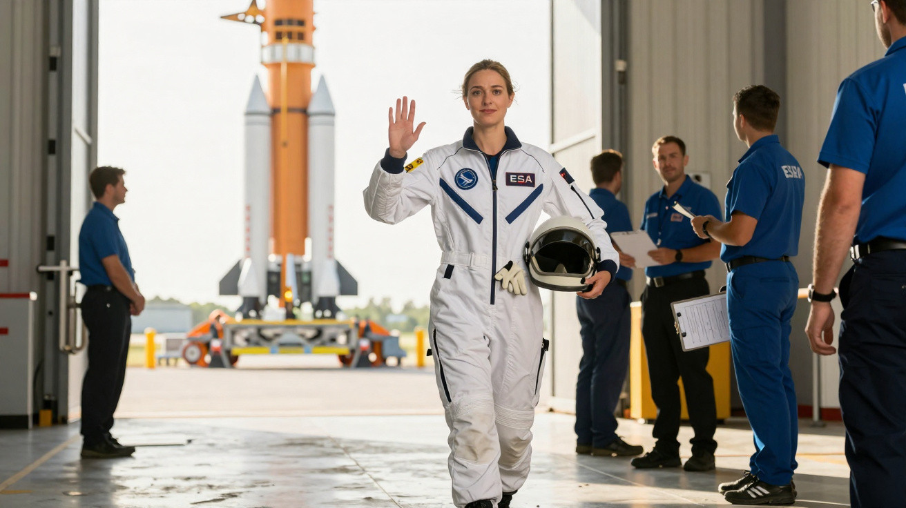 Astronauta da ESA acena e segura capacete, com equipa e foguetão ao fundo numa plataforma de lançamento.