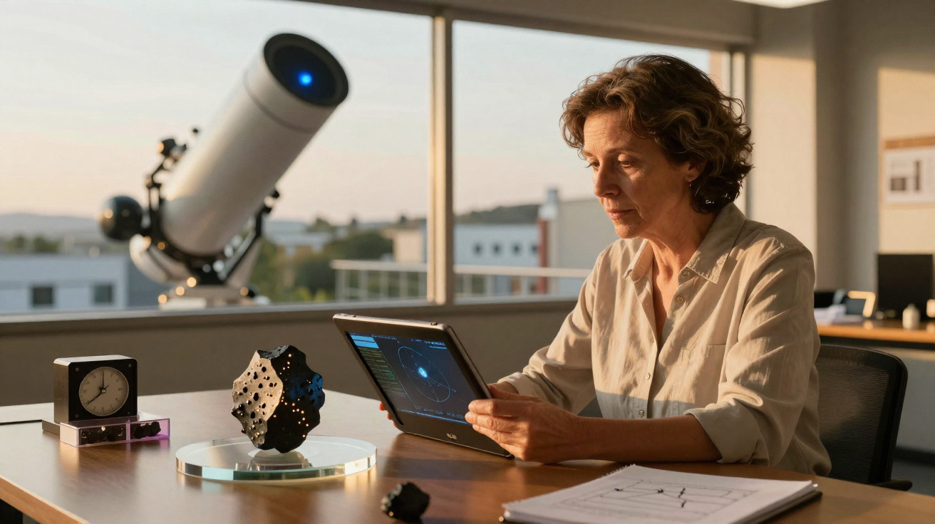 Mulher a analisar dados num tablet numa sala com telescópio e modelo de asteroide na mesa, ao pôr do sol.