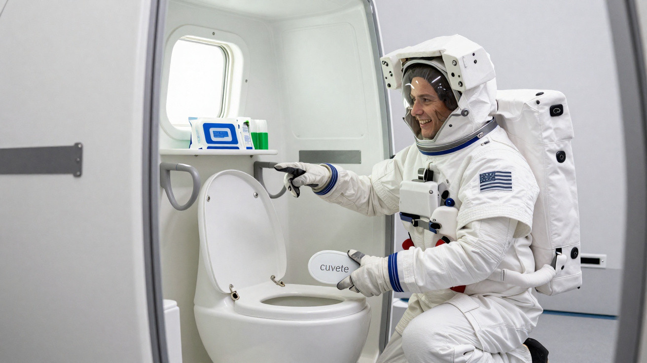 Astronauta dentro de cápsula espacial a mostrar um banheiro espacial.