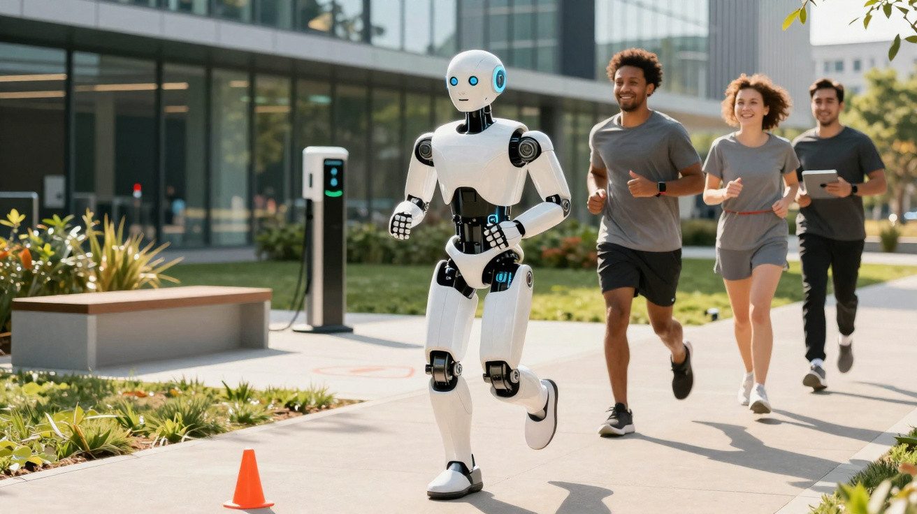 Robô e três pessoas a correr ao ar livre numa zona moderna de escritórios.