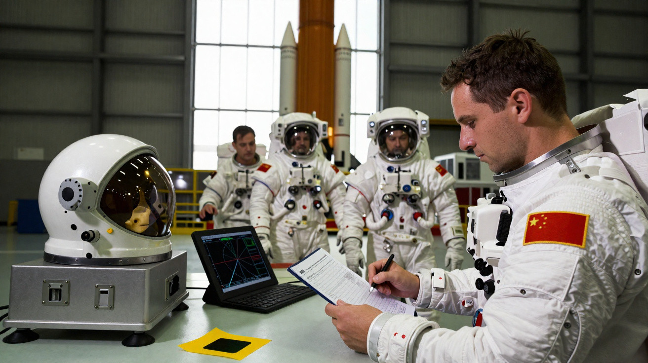 Astronautas chineses em fatos espaciais preparando missão num laboratório com capacete e computador.