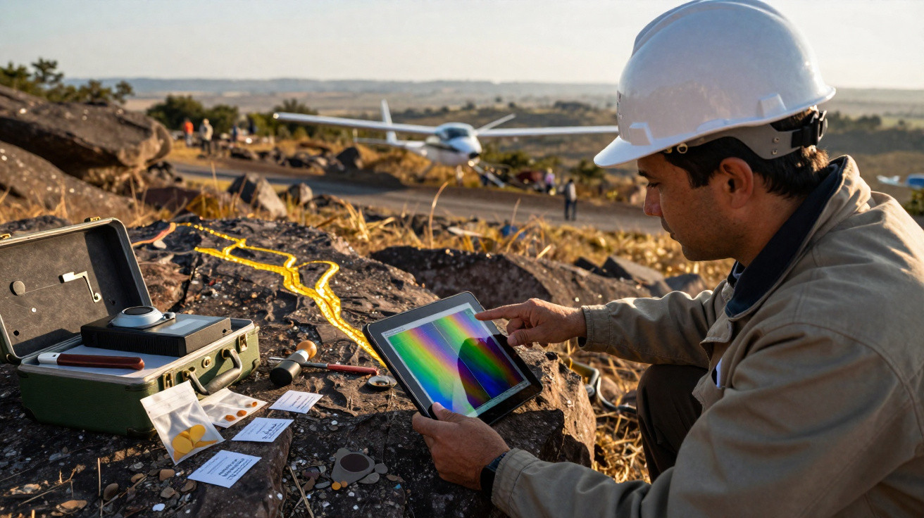 Homem com capacete de segurança analisa dados num tablet, junto a equipamento técnico e avião estacionado ao fundo.