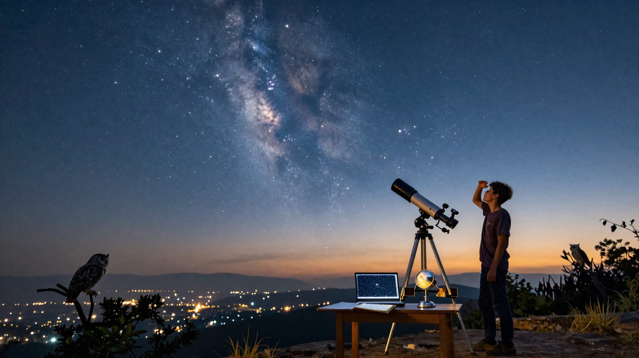 Jovem observa o céu estrelado e a Via Láctea com telescópio ao pôr do sol em zona rural.