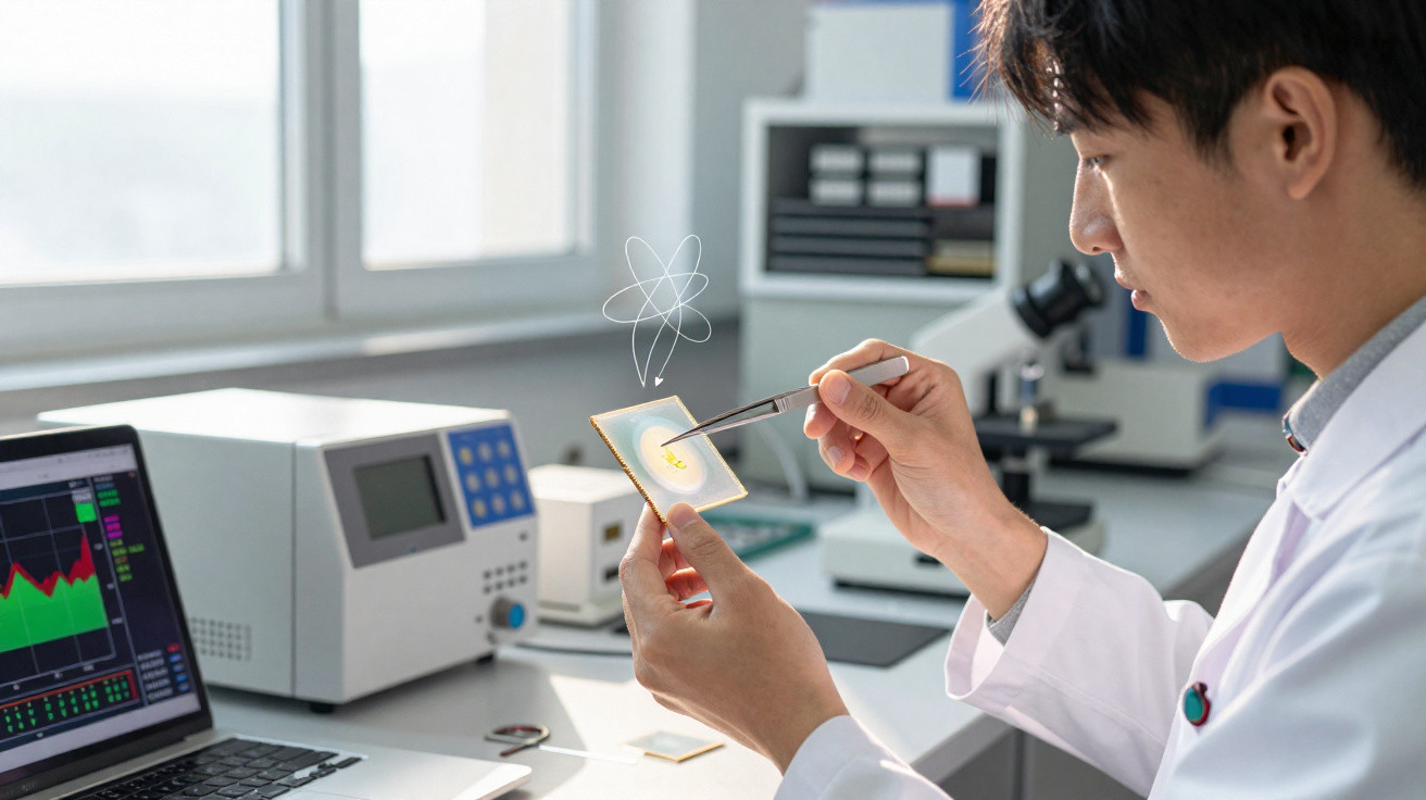 Cientista num laboratório a analisar uma lâmina com pinça, com equipamento científico e computador ao fundo.