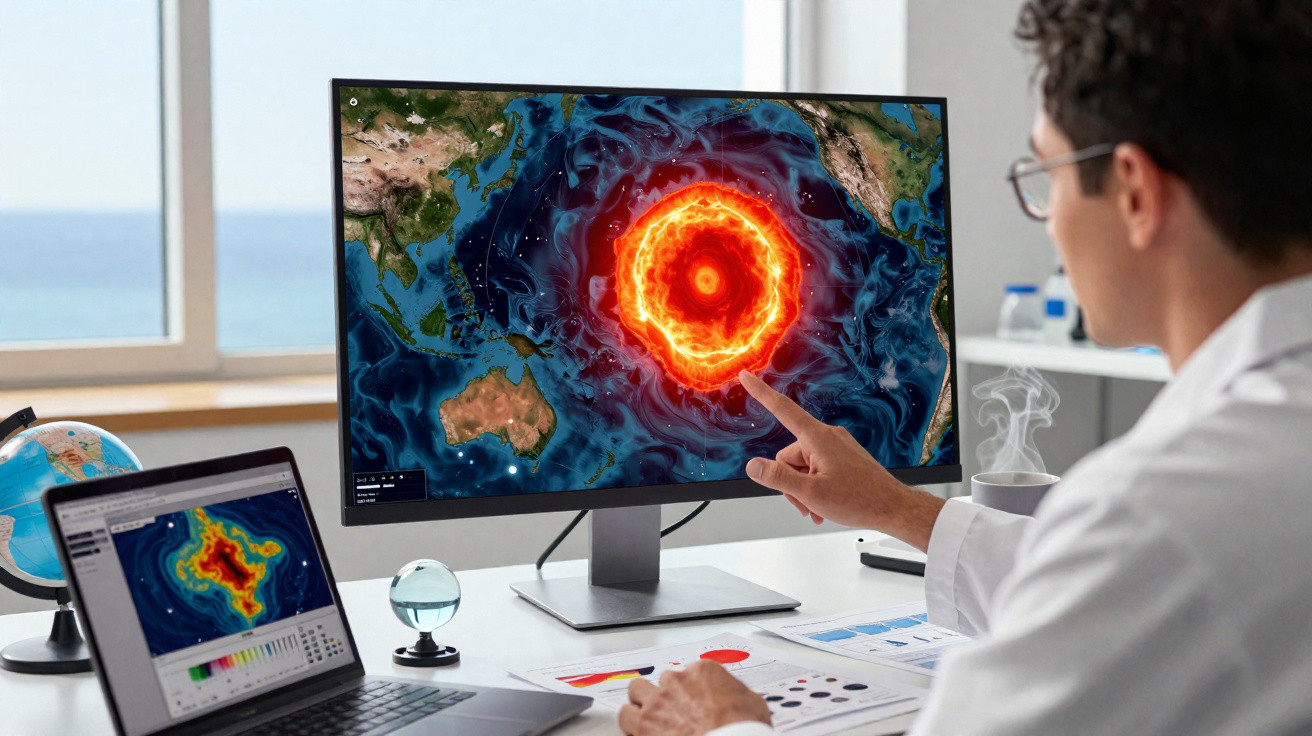 Cientista analisa atividade sísmica ou vulcânica numa zona do Oceano Pacífico numa sala iluminada.
