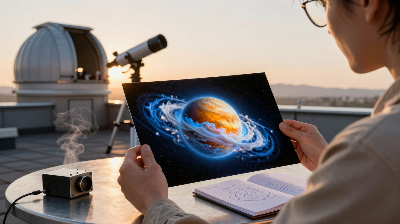 Pessoa a segurar ilustração de planeta com anéis, perto de telescópio e livro aberto em mesa ao pôr do sol.