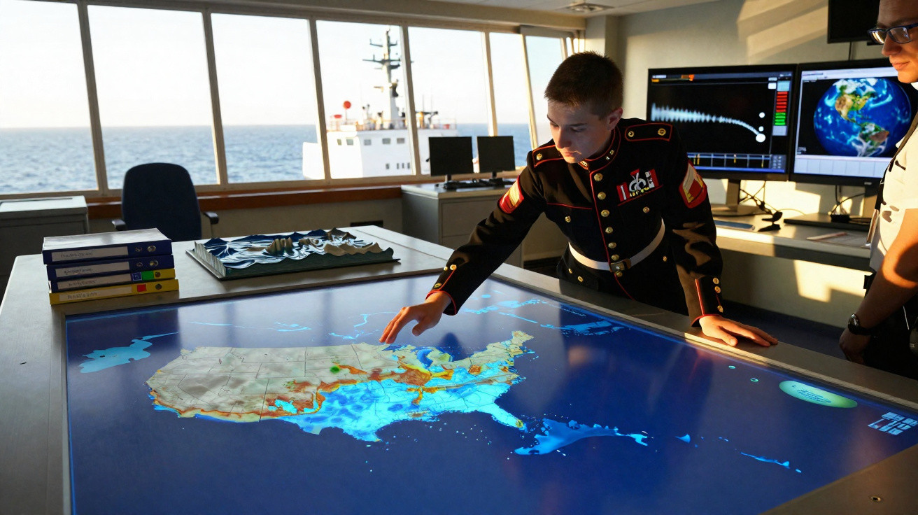 Jovem em uniforme militar aponta para um mapa digital interativo numa sala com vista para o mar.