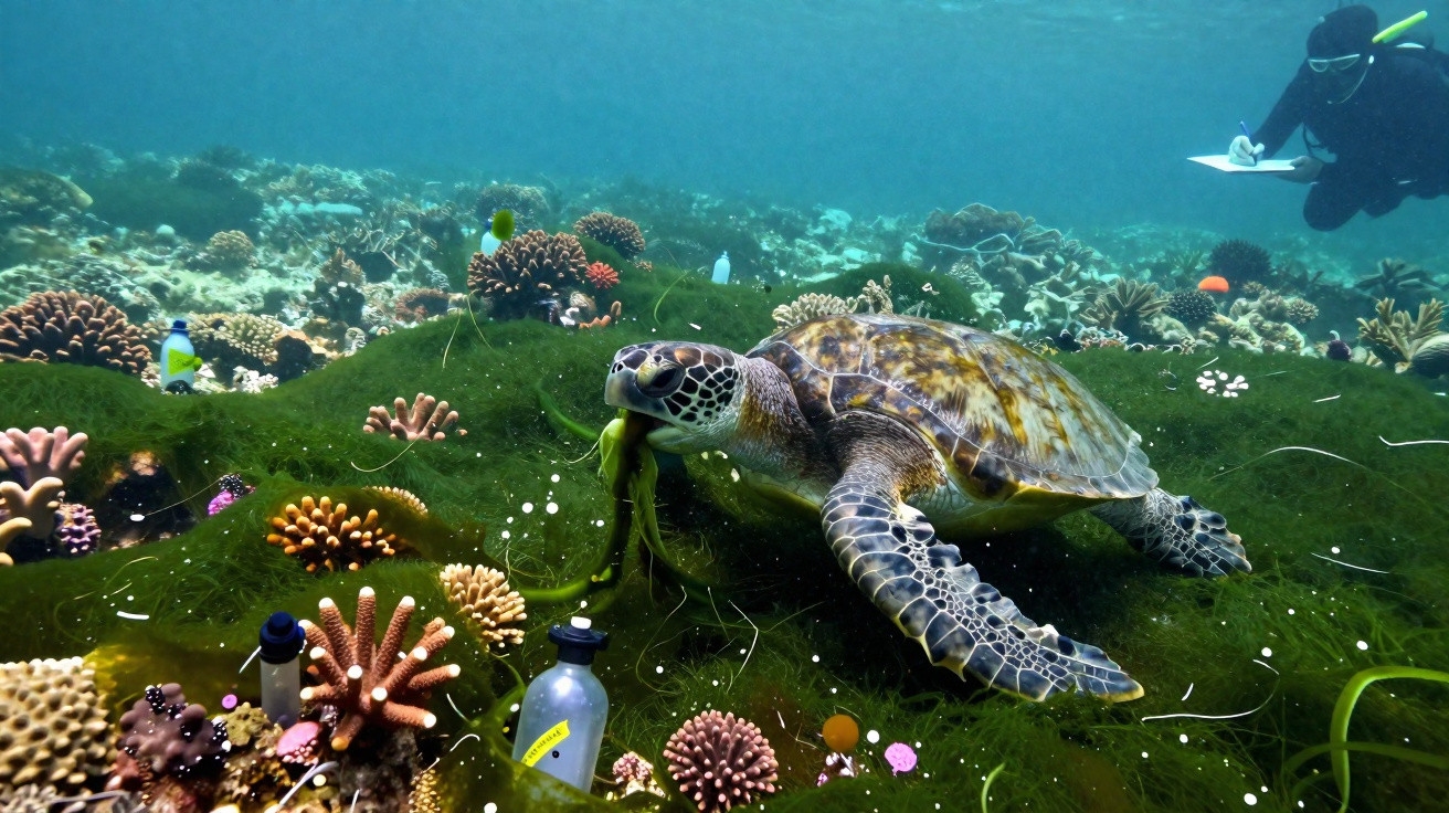 Tartaruga marinha a nadar perto do fundo do mar com lixo plástico e um mergulhador a observar.