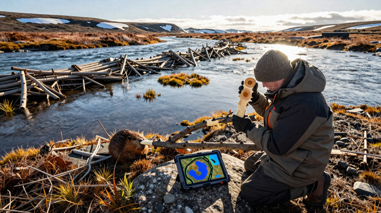 Pessoa a estudar castor junto a um rio, com equipamento de medição e tabela digital em ambiente natural.