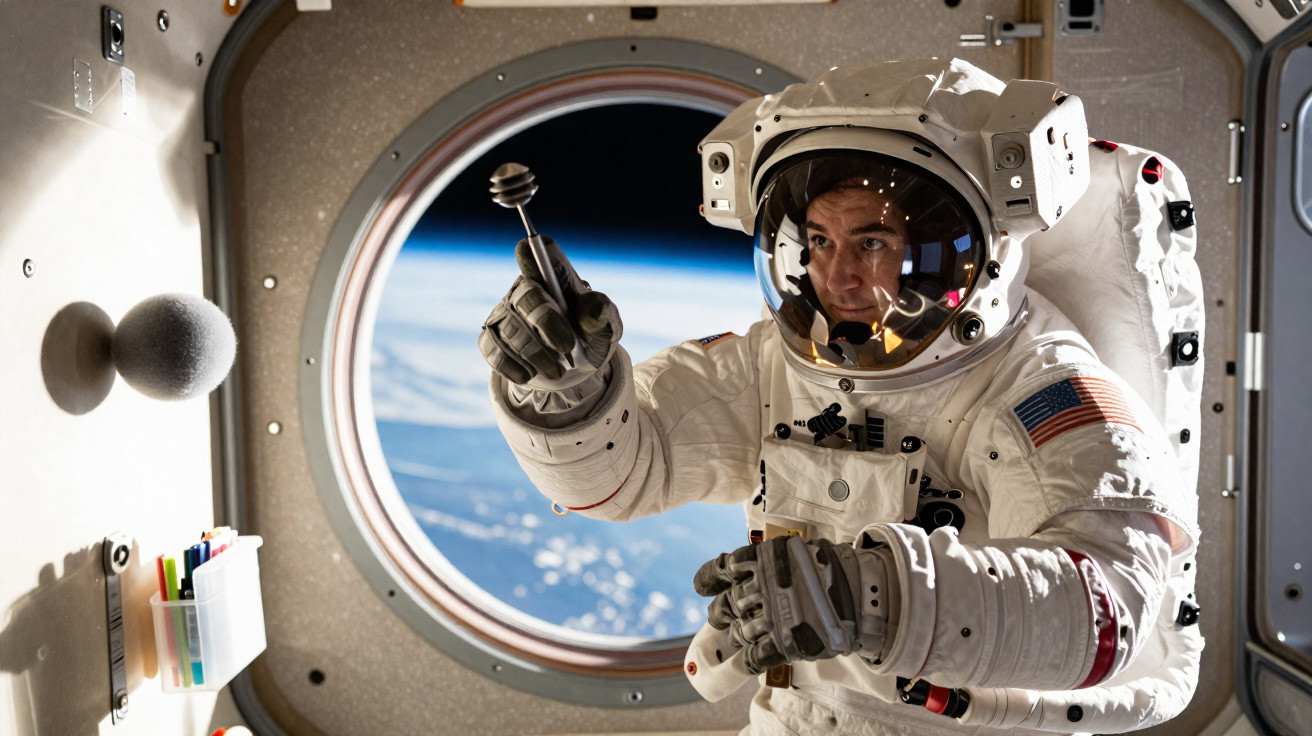 Astronauta em fato espacial dentro de estação espacial com vista para a Terra pela janela circular.