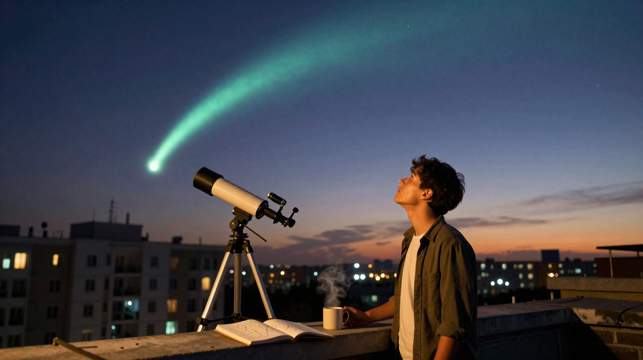 Jovem observa com telescópio um cometa brilhante no céu ao anoitecer numa varanda com vista para a cidade.