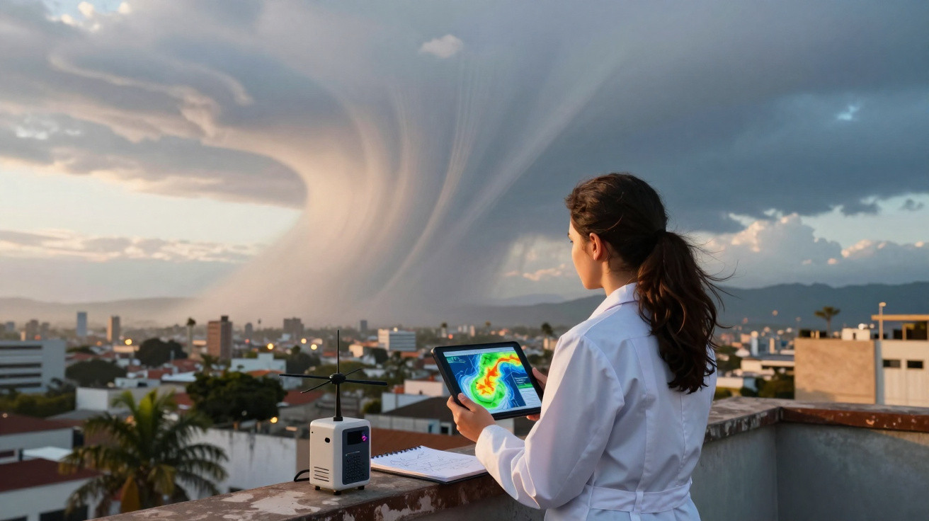 Mulher com bata branca observa tempestade incomum na cidade enquanto segura tablet com mapa meteorológico.