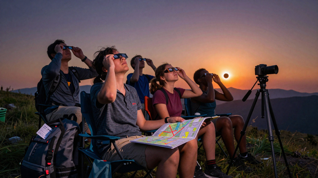 Grupo de pessoas sentadas num campo a observar eclipse com óculos especiais ao pôr do sol.