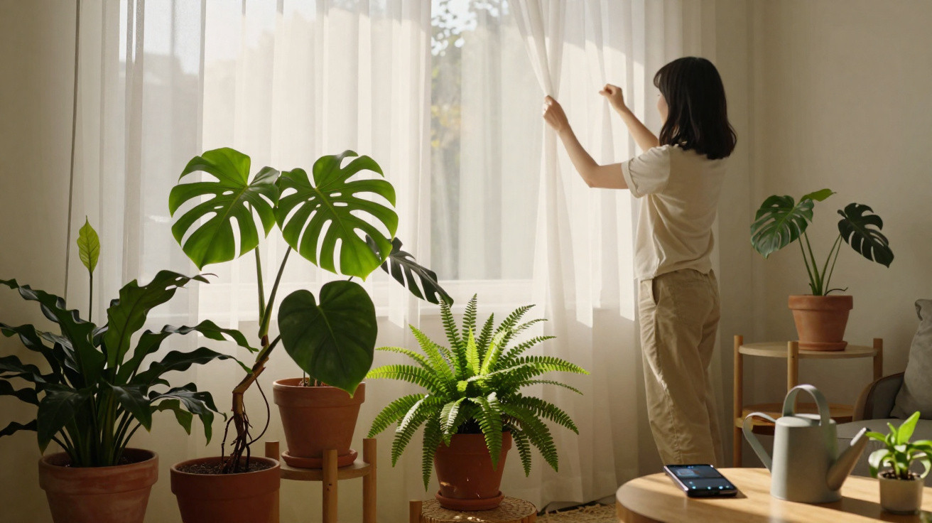 Mulher abre cortina em sala iluminada com várias plantas em vasos de barro.