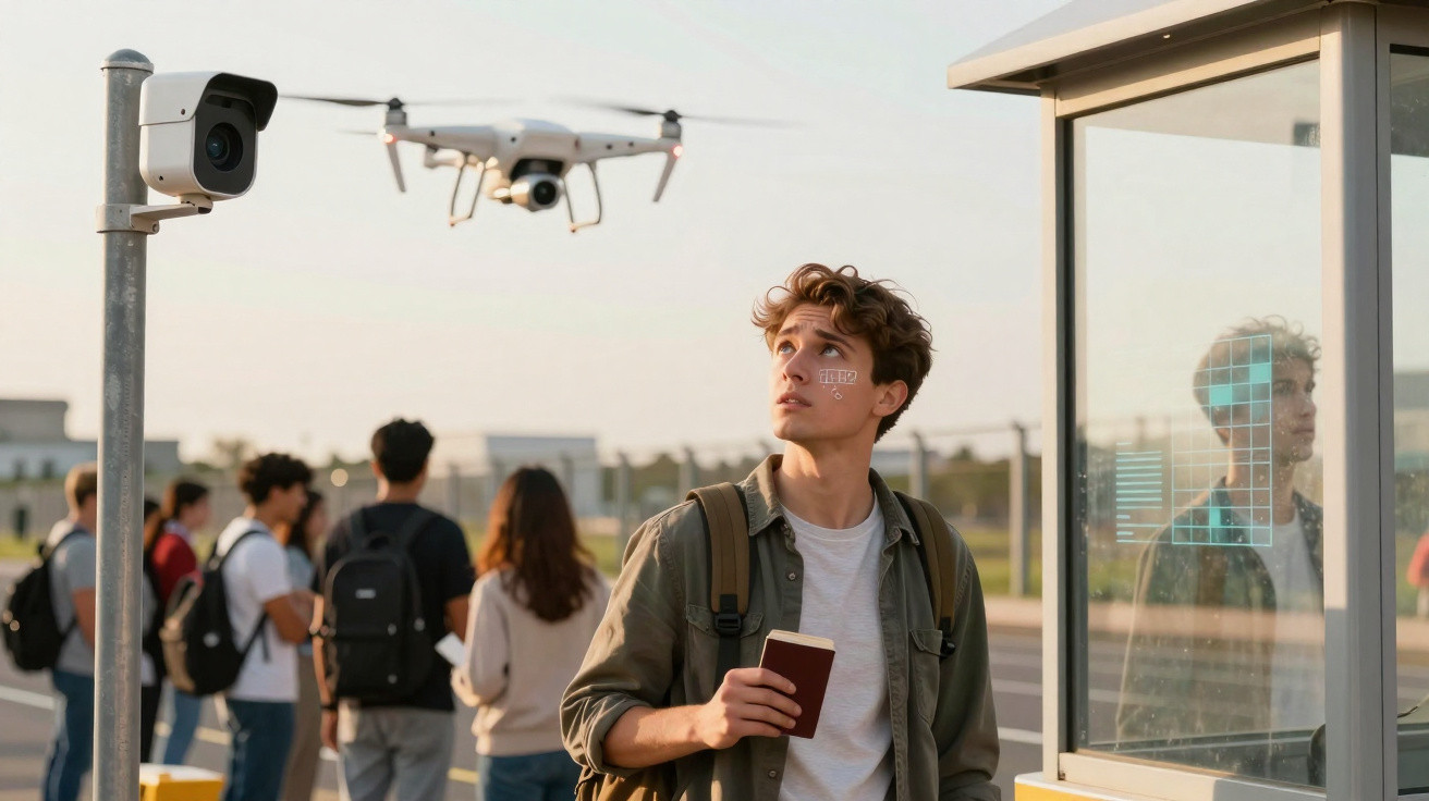 Jovem com mochila segura passaporte enquanto dron sobrevoa numa zona com várias pessoas e câmaras de vigilância.