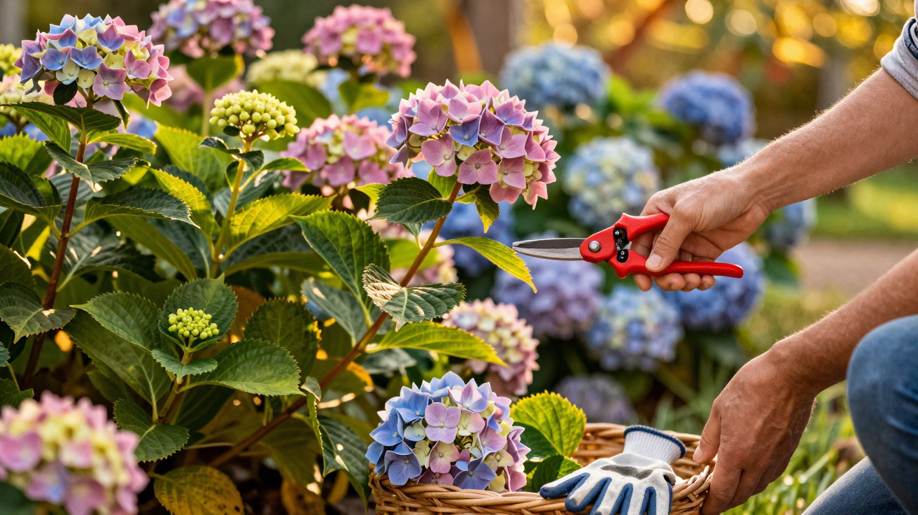 Pessoa a podar flores coloridas de hortênsia usando tesoura de jardinagem vermelha, ao ar livre.