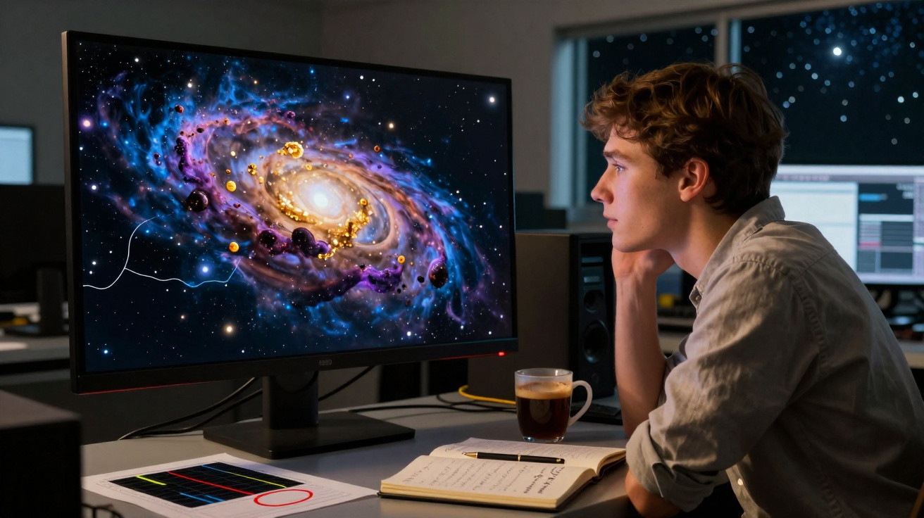 Jovem a estudar imagens de galáxias e universo num monitor, com bloco de notas e chá ao lado numa mesa.