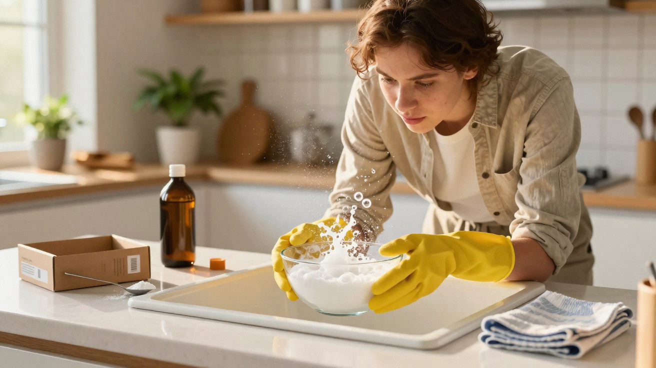 Pessoa com luvas amarelas segura tigela com espuma na cozinha moderna iluminada por luz natural.