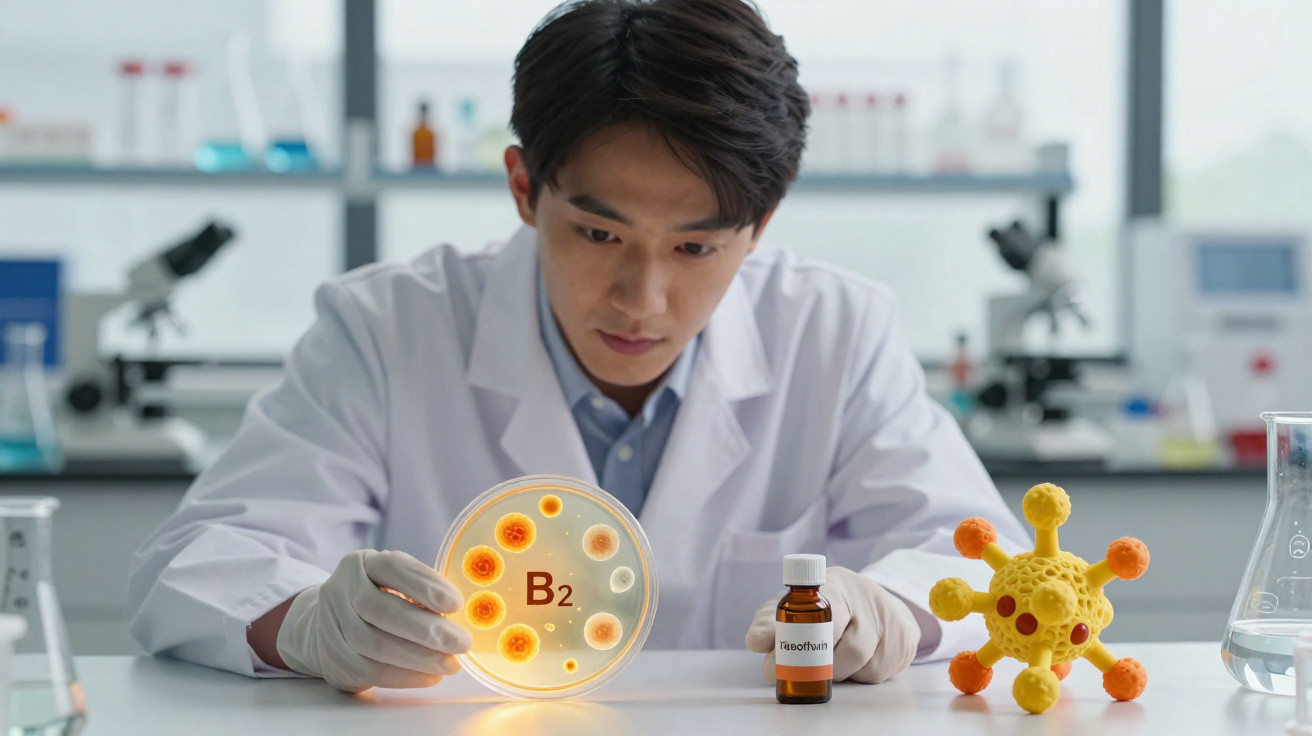 Cientista de bata branca analisa placa de Petri com microrganismos em laboratório moderno.